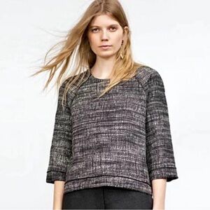 Zara Basic Monochrome Textured Tweed Zipper Back 3/4 Sleeve Blouse Size Medium